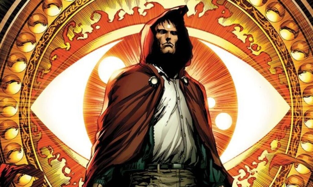 Comic illustration of The Hood standing confidently in front of a glowing mystic eye.