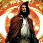 Comic illustration of The Hood standing confidently in front of a glowing mystic eye.