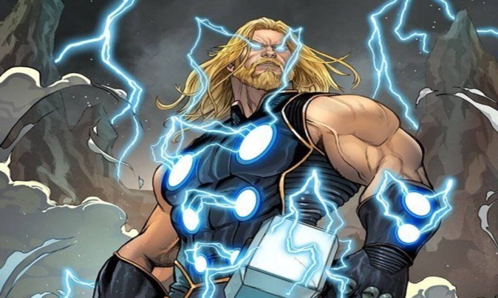 Comic Thor channels godly lightning with glowing armor and Mjolnir in epic stance.