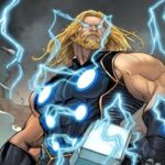 Comic Thor channels godly lightning with glowing armor and Mjolnir in epic stance.