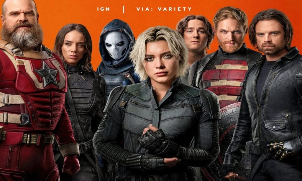 Marvel’s Thunderbolts team stands united, featuring Yelena, Bucky, Red Guardian, and others.
