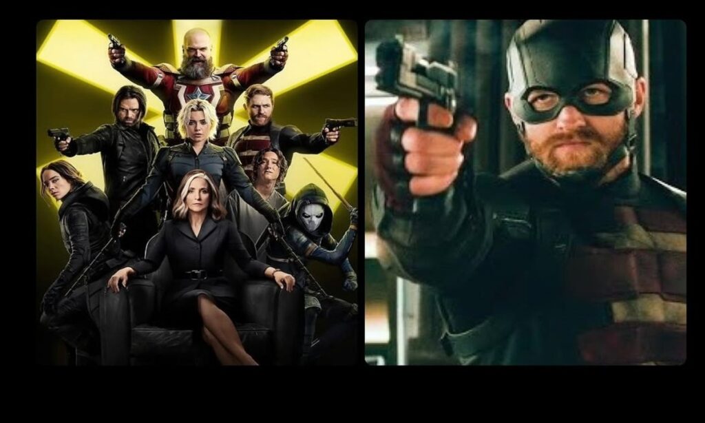 Thunderbolts team stands united while U.S. Agent points gun with fierce determination and focus.