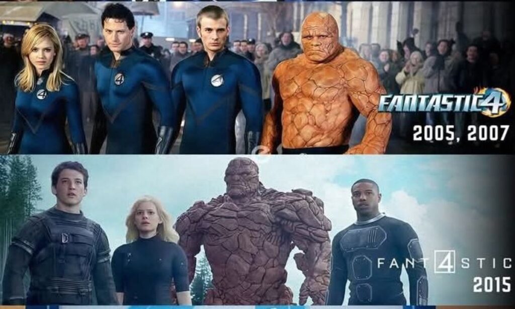 Two movie casts of the Fantastic Four, from 2005/2007 and 2015, are shown side-by-side.