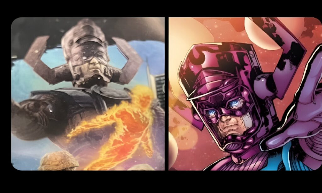 Two images depict the cosmic entity Galactus, one a darker, cinematic rendering and the other a colorful comic illustration.