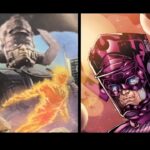Two images depict the cosmic entity Galactus, one a darker, cinematic rendering and the other a colorful comic illustration.