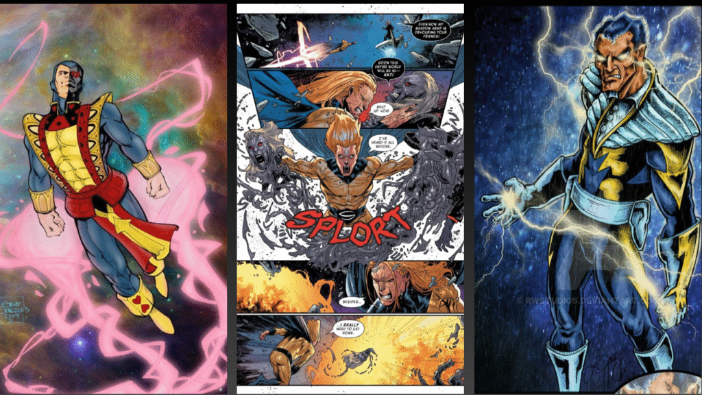 Doctor Druid, Sentry, and Gilgamesh shown in iconic yet infamous comic book moments.