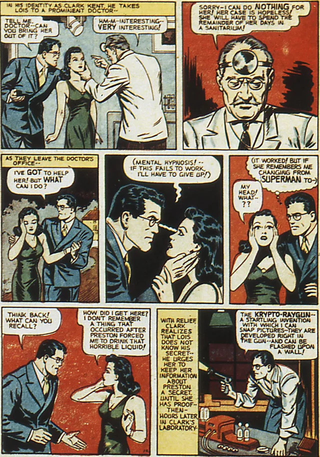 Comic panels depict Lois Lane's memory loss and Clark Kent's attempts to help her uncover the truth.