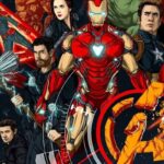 Illustrated Avengers team with weapons, ready for battle against powerful unseen cosmic enemy forces.