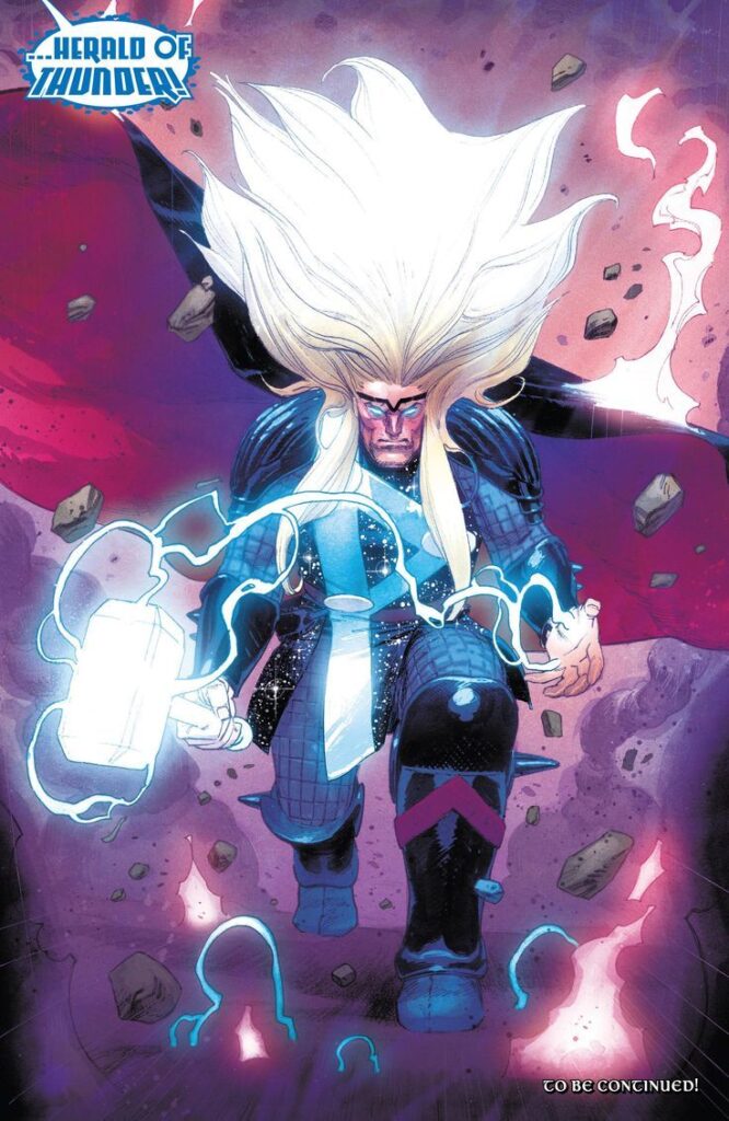Thor infused with cosmic energy, glowing eyes, wielding Mjolnir and lightning as Galactus’ Herald.