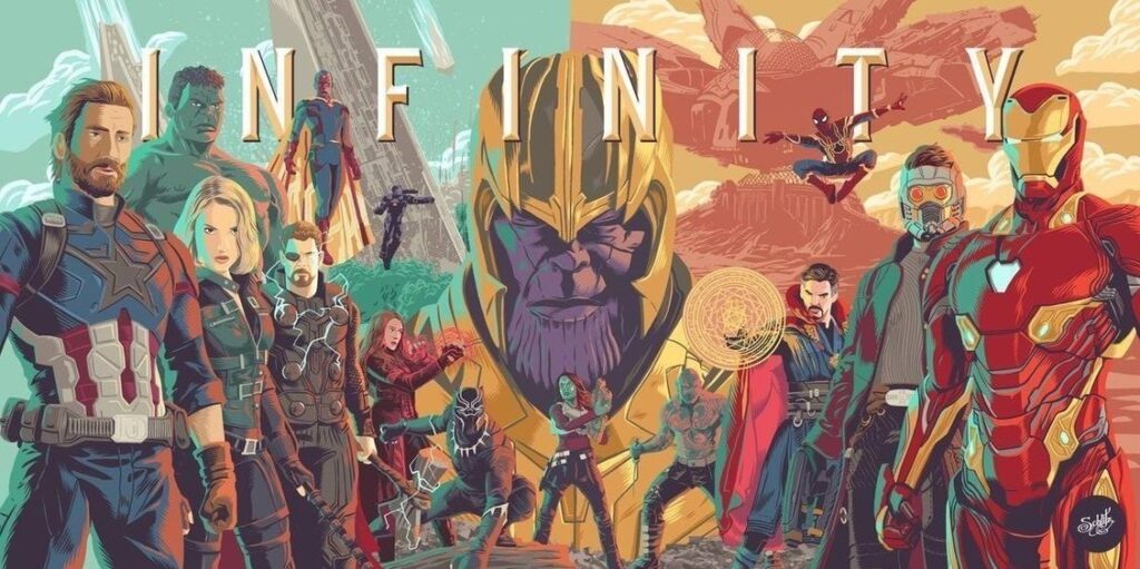 Marvel superheroes unite to battle Thanos in colorful Infinity War comic-style artwork.
