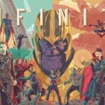 Marvel superheroes unite to battle Thanos in colorful Infinity War comic-style artwork.