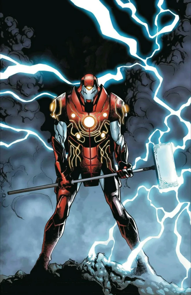 Iron Hammer stands in lightning storm, armored like Iron Man, wielding enchanted hammer with power.