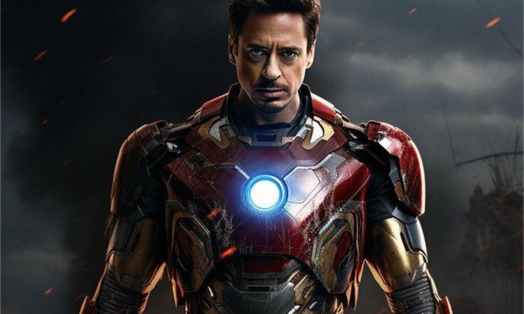 Iron Man in battle-worn suit with glowing arc reactor, standing against a smoky background.