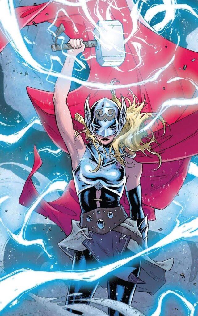 Jane Foster as Thor raising Mjolnir, surrounded by lightning and wearing silver Asgardian armor.