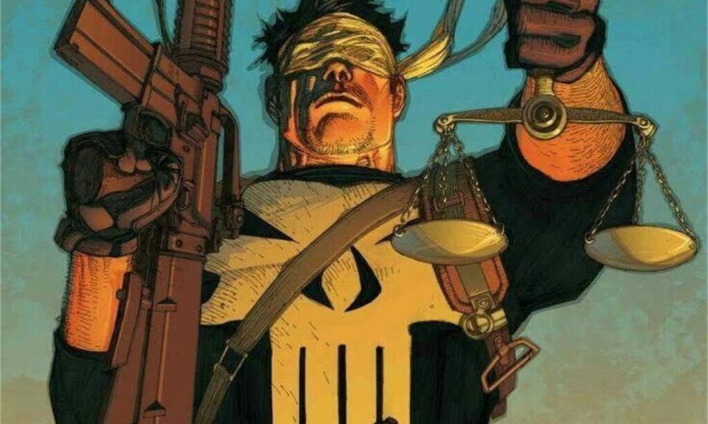 Punisher holds scales and rifle, blindfolded, symbolizing his brutal view of blind justice.