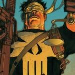Punisher holds scales and rifle, blindfolded, symbolizing his brutal view of blind justice.