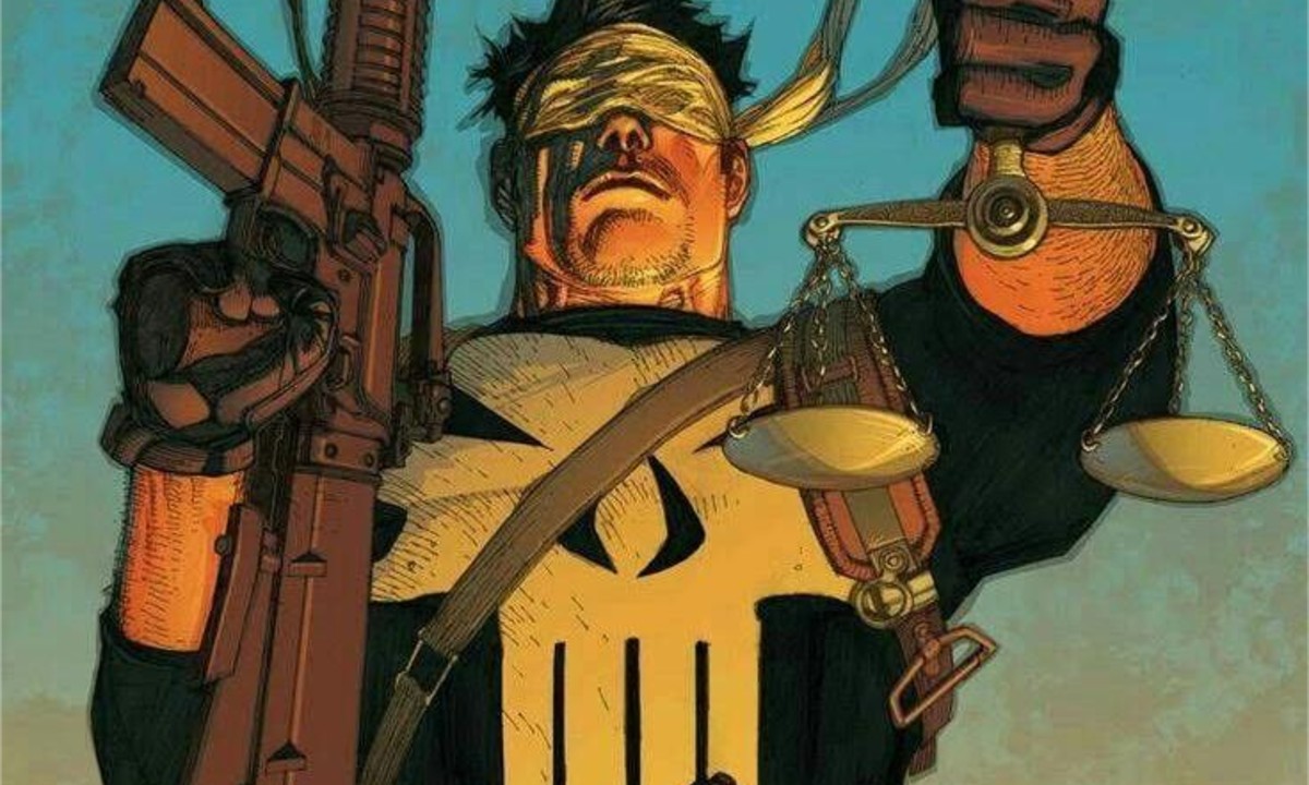 Punisher holds scales and rifle, blindfolded, symbolizing his brutal view of blind justice.
