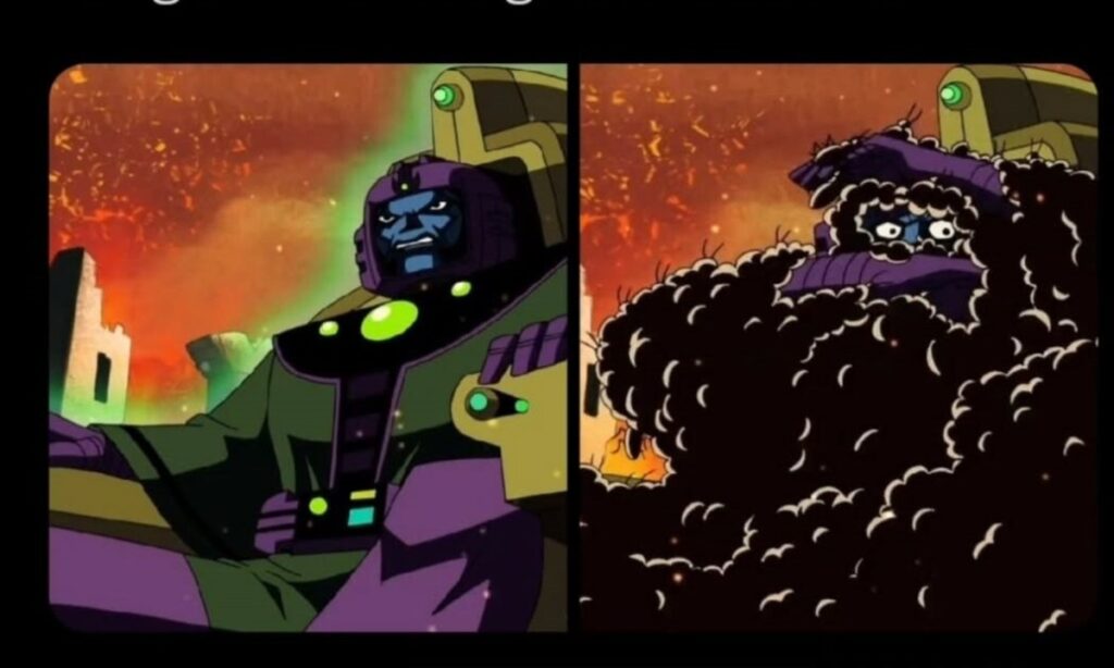 Kang the Conqueror overwhelmed by smoke, showing shock after defeat in animated battle scene.