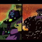 Kang the Conqueror overwhelmed by smoke, showing shock after defeat in animated battle scene.