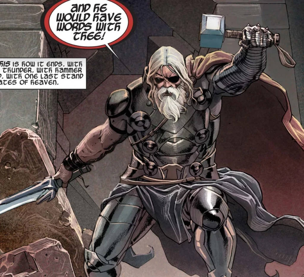 Aged King Thor wields Mjolnir and sword, ready for battle at Heaven’s gate.