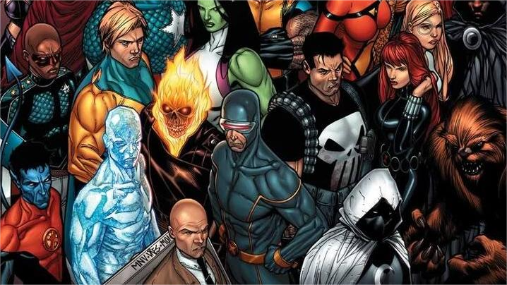Group of Marvel heroes including Punisher, Cyclops, Moon Knight, Ghost Rider, She-Hulk, and others.
