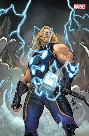 Thor stands empowered with glowing lightning armor, wielding Mjolnir in a stormy battlefield.