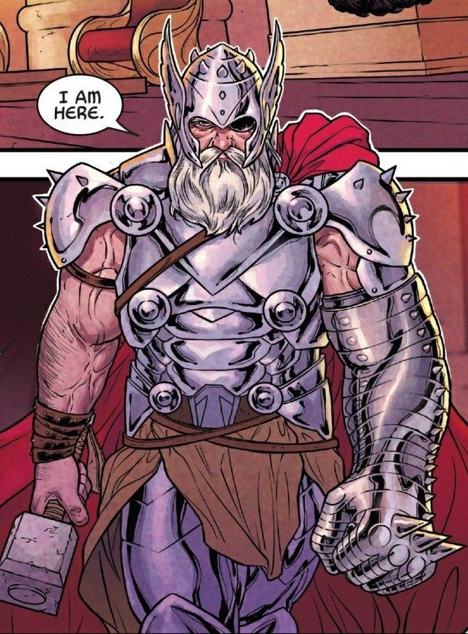 Bearded, armored Old King Thor holding Mjolnir with metal arm and red cape.