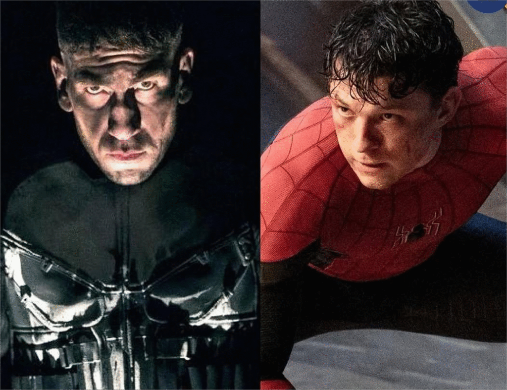 Jon Bernthal’s Punisher stares intensely beside Tom Holland’s battle-ready Spider-Man in split image.