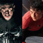 Jon Bernthal’s Punisher stares intensely beside Tom Holland’s battle-ready Spider-Man in split image.