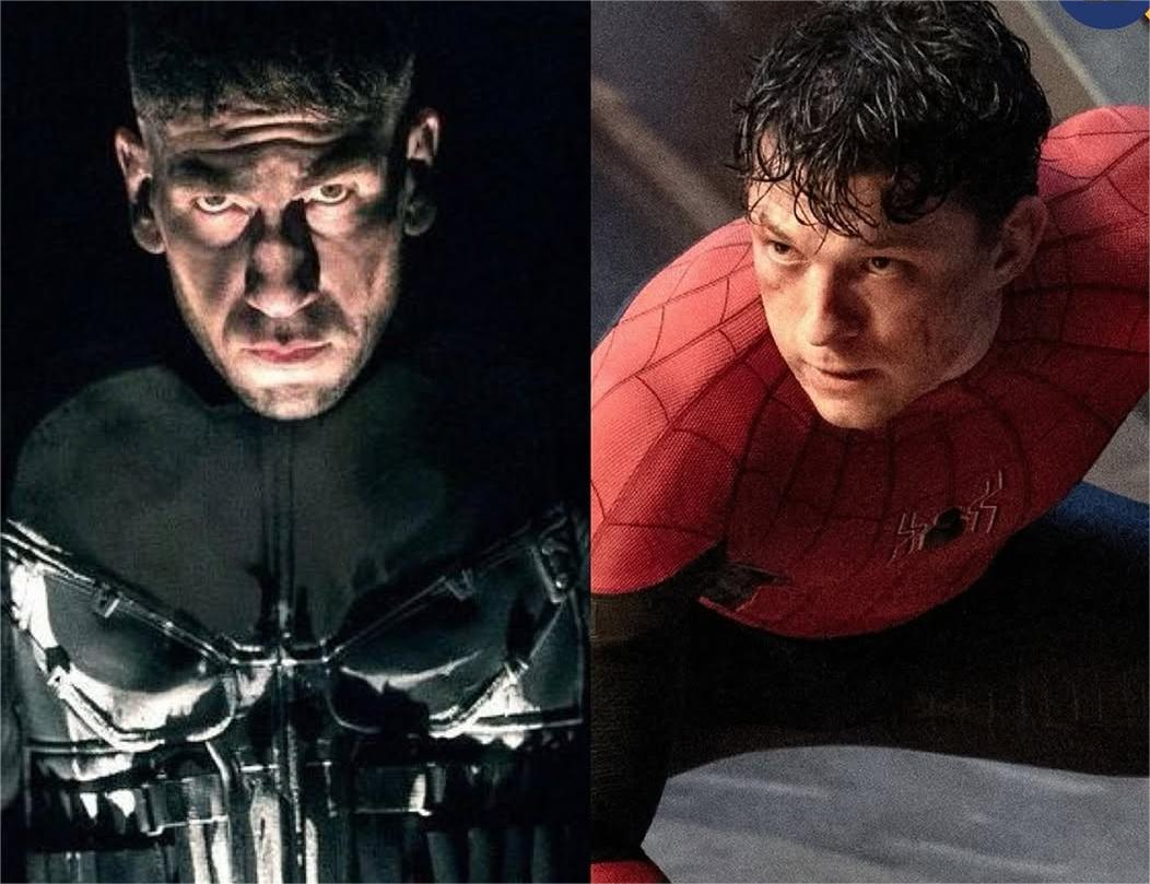 Jon Bernthal’s Punisher stares intensely beside Tom Holland’s battle-ready Spider-Man in split image.