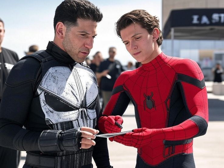 Spider-Man and Punisher intensely discuss justice strategy while reviewing data on a tablet.