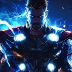 An illustration of Thor, with glowing blue eyes and armor, surrounded by crackling lightning.