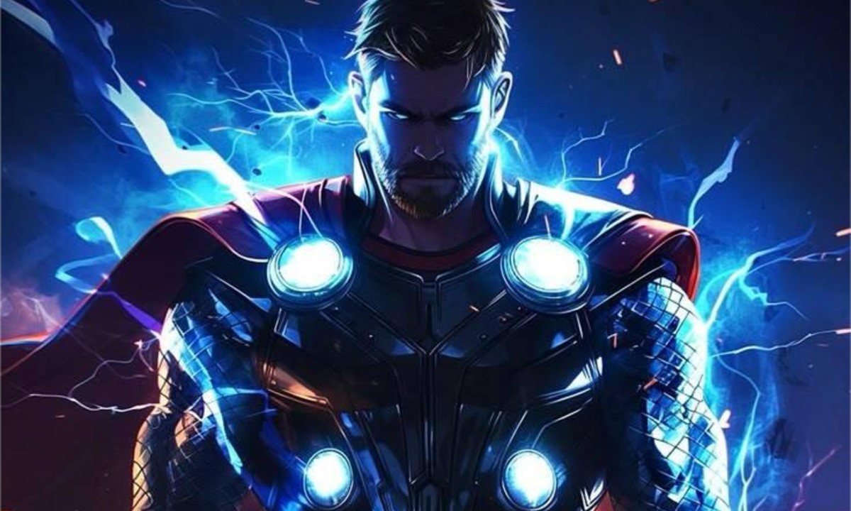 An illustration of Thor, with glowing blue eyes and armor, surrounded by crackling lightning.