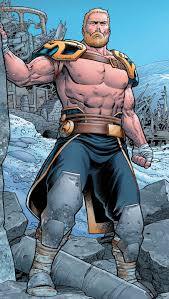 Thor from Earth-56377 stands shirtless in ruins, wearing futuristic armor with confident pose.