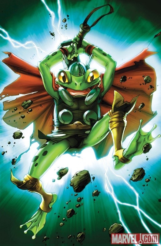Frog version of Thor wielding Mjolnir mid-air with lightning, cape, and dramatic background.