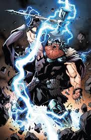 Volstagg transformed into War Thor, wielding lightning-charged hammer with rage and power.