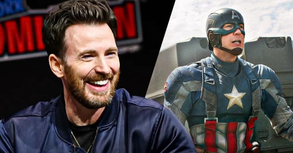 Chris Evans smiling alongside his Captain America role, recalling when he almost rejected Marvel.
