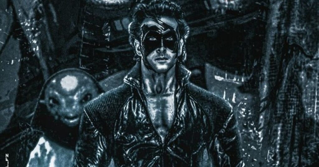 Hrithik Roshan as masked superhero Krrish in dark concept poster with futuristic background.