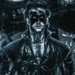 Hrithik Roshan as masked superhero Krrish in dark concept poster with futuristic background.
