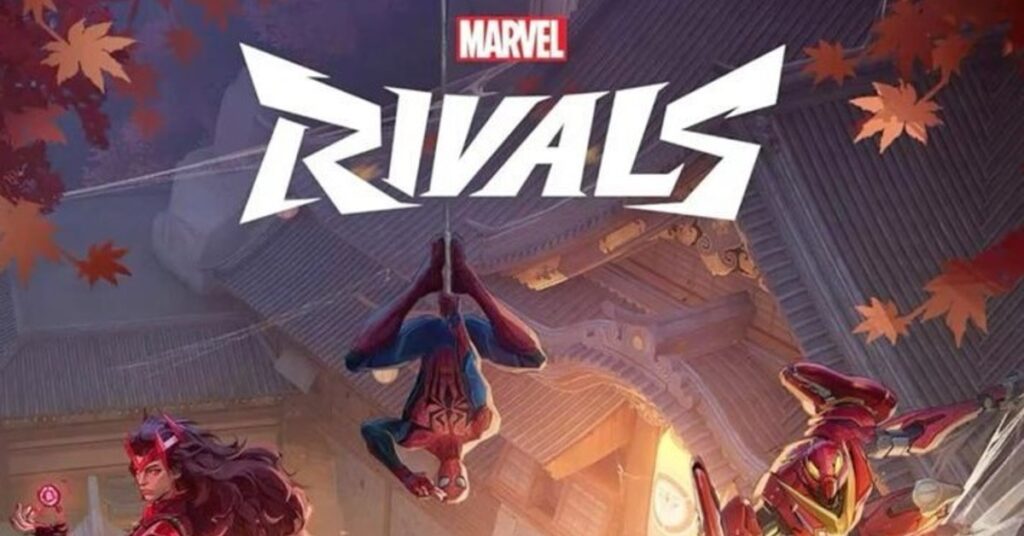 Marvel Rivals poster featuring Spider-Man, Scarlet Witch, and Iron Man under autumn leaves.