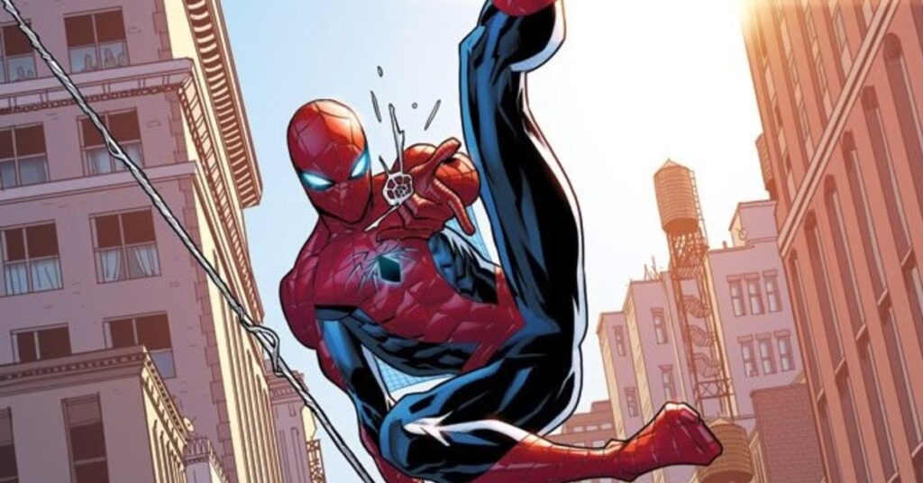Spider-Man swings across city buildings, shooting web from his hand under bright sunlight sky.