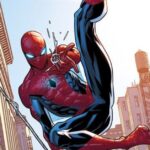 Spider-Man swings across city buildings, shooting web from his hand under bright sunlight sky.