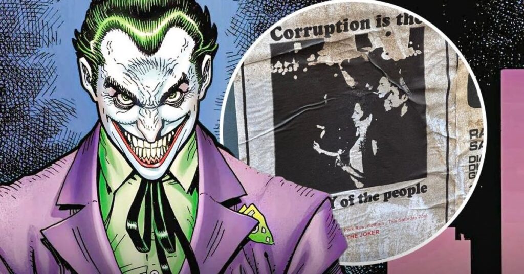 Comic-style Joker smiling menacingly beside poster teasing corruption and Gotham connection in Clayface.
