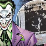 Comic-style Joker smiling menacingly beside poster teasing corruption and Gotham connection in Clayface.