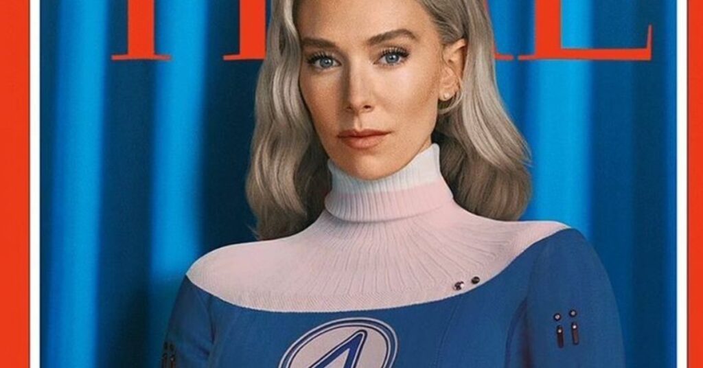 Actress Vanessa Kirby in a blue and pink Fantastic Four suit as the Invisible Woman.