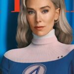 Actress Vanessa Kirby in a blue and pink Fantastic Four suit as the Invisible Woman.